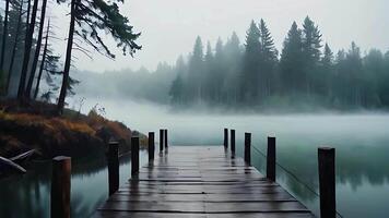 ai généré brumeux paysage de une brumeux Matin plus de une Lac et rivière, enveloppé dans la nature tranquillité video