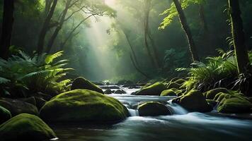 ai generado natural cascada fluido mediante un lozano selva y denso bosque, rodeado por vibrante verde follaje, luz de sol filtración video