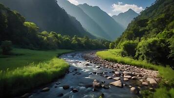 ai generado natural cascada fluido mediante un lozano selva y denso bosque, rodeado por vibrante verde follaje, luz de sol filtración video