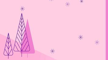 Winter pink background motion graphics with animated snowflakes with forest background. video
