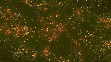 volador oro partículas y minúsculo estrellas en un oscuro antecedentes resumen película video