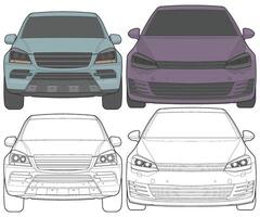 Set of front view Vector Illustration of Isolated highlight  color car on white background, Vehicle in a Flat Cartoon Style.