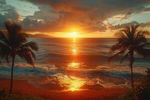 AI generated beautiful tropical sunset on ocean beach professional photography photo
