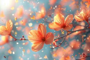 AI generated petal flowers confetti falling from a bright blue sky on an autumn or spring professional photography photo