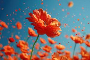 ai generado pétalo flores papel picado que cae desde un brillante azul cielo en un otoño o primavera profesional fotografía foto