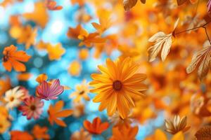 ai generado pétalo flores papel picado que cae desde un brillante azul cielo en un otoño o primavera profesional fotografía foto