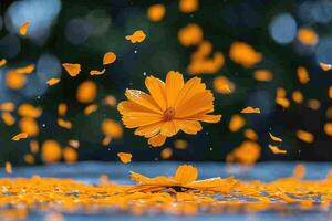 ai generado pétalo flores papel picado que cae desde un brillante azul cielo en un otoño o primavera profesional fotografía foto