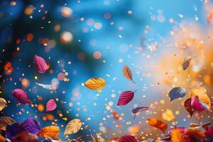 AI generated petal flowers confetti falling from a bright blue sky on an autumn or spring professional photography photo