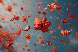 AI generated petal flowers confetti falling from a bright blue sky on an autumn or spring professional photography photo