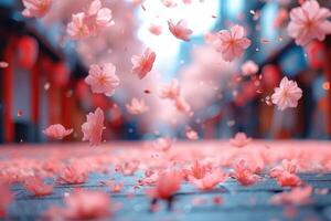 ai generado pétalo flores papel picado que cae desde un brillante azul cielo en un otoño o primavera profesional fotografía foto