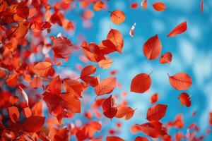 ai generado pétalo flores papel picado que cae desde un brillante azul cielo en un otoño o primavera profesional fotografía foto