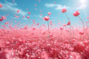 AI generated petal flowers confetti falling from a bright blue sky on an autumn or spring professional photography photo