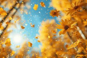 ai generado pétalo flores papel picado que cae desde un brillante azul cielo en un otoño o primavera profesional fotografía foto