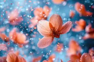 ai generado pétalo flores papel picado que cae desde un brillante azul cielo en un otoño o primavera profesional fotografía foto