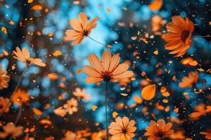 ai generado pétalo flores papel picado que cae desde un brillante azul cielo en un otoño o primavera profesional fotografía foto