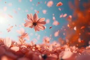 AI generated petal flowers confetti falling from a bright blue sky on an autumn or spring professional photography photo