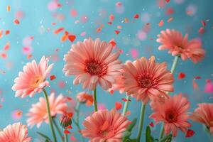 ai generado pétalo flores papel picado que cae desde un brillante azul cielo en un otoño o primavera profesional fotografía foto