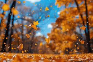 ai generado pétalo flores papel picado que cae desde un brillante azul cielo en un otoño o primavera profesional fotografía foto