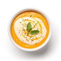 AI generated Carrot soup closeup isolated on white background photo