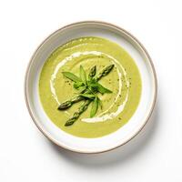 AI generated Asparagus soup closeup isolated on white background photo