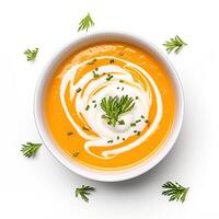 AI generated Carrot soup closeup isolated on white background photo