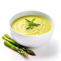 AI generated Asparagus soup closeup isolated on white background photo