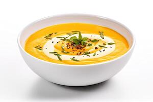 AI generated Carrot soup closeup isolated on white background photo