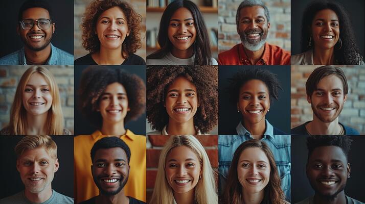 AI Generated Composite portrait collage of a large group of smiling people contacting each other via 4G or 5G connections