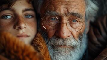 ai generado un hipster hijo abrazos su antiguo mayor padre a hogar, dos generaciones hablar con un barba y sonrisa, y disfrutar vivo a hogar en del padre día con amor para familia. foto