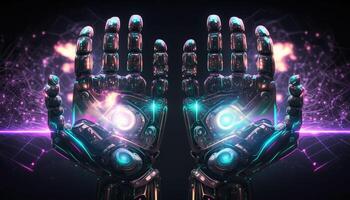 AI Generated Elements of the metaverse, robot hands on the background of the city.AI photo