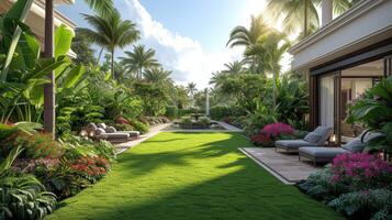 AI Generated Grass is green, the sun shines, and the panorama features a tropical garden. photo