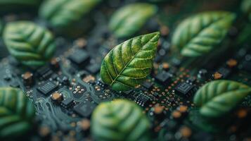 AI Generated Green Leaf inside a PCB. Growth. Business, Technology, and Environmental Growth Together. Sustainable Resources. photo