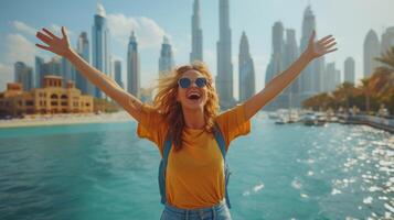 AI Generated She spreads her arms wide in awe of the view of Dubai's skyline and Burj Khalifa from behind. photo