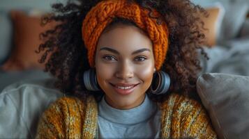 AI Generated Millennial woman, tablet and listening to music isolated on gray background for university e learning, streaming video and audio. Gen Z student on digital technology, audio and photo