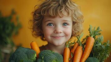 AI Generated A studio shot of a smiling boy holding fresh broccoli and carrots on a yellow background. Healthy baby food. photo