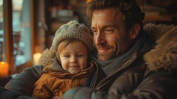 ai generado un padre sonrisas como él relaja con su hijo en el Sillón a hogar con su hijo foto