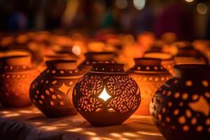 AI Generated Diya lamps on a reflective base with glittering bokeh photo