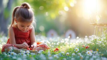 AI Generated The garden at the farm features apples, swings, chicken coops, beds, strawberries, and tomatoes. The girl is planting tomatoes. photo