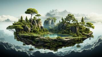 AI Generated Isolated floating island with waterfalls, trees, green grass, river. Surrealism of flying island with waterfalls and trees, landscape. photo