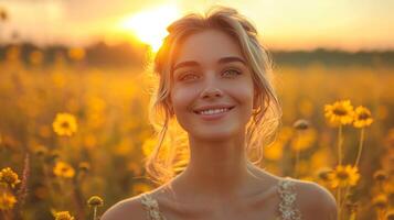 Young smiling attractive girl in field at sunset photo