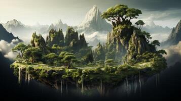 AI Generated A floating island with a beautiful landscape, green grass, waterfalls, and mountains, and a white background. It is depicted as a 3D illustration of a floating forest island. photo