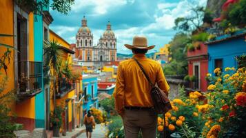 AI Generated An elderly Mexican man visits Guanajuato's historic center. photo