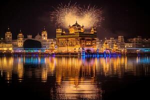 AI Generated Golden temple consecrated by fireworks photo