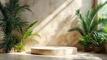 AI Generated A neutral beige background with shadow and palm leaves. A square podium for presenting a cosmetic product. An empty square podium. photo