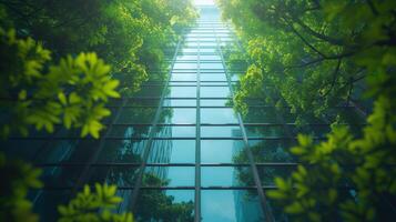 AI Generated A modern eco-friendly building with green branches and sustainable glass on the roof to reduce heat and carbon dioxide. An office building with green environment. A go-green concept. photo