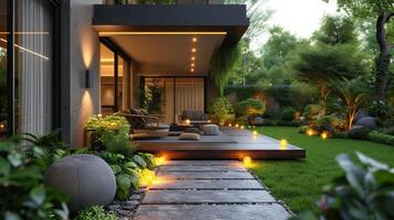 AI Generated Summer evening in the garden of a beautiful suburban home lit by lights photo