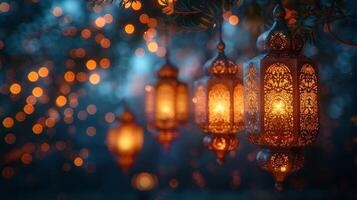AI Generated Dark background with olive branch and decorative Arabic lanterns with flames at night. Glistening golden bokeh lights. Festive greeting card. Muslim holy month Ramadan Kareem. photo