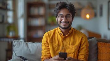 ai generado un sonriente étnico hipster chico participación un teléfono inteligente jugando un juego en un aplicación, Fechado en línea en un comercio electrónico Tienda en célula teléfono, y comprando alguna cosa en línea. foto