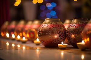 AI Generated Diya lights lamps on multicolored rangoli. photo