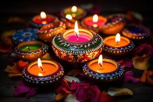 AI Generated Diya lights lamps on multicolored rangoli. photo